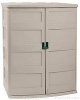 Front view of a beige plastic double-door storage cabinet with green lock hasp in closed position.