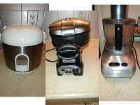 Photo of the three kitchen appliances: rice cooker, double waffle maker, and food processor shown on counter.