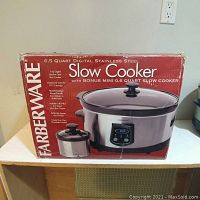 Farberware slow cooker box showing product image and features, 6.5 quart capacity with bonus mini 0.6 quart slow cooker