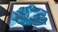 Overall front view of the large floral print showing a blue flower in a heavy gilt frame with a blue mat.