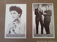 Photo shows two vintage black-and-white trading cards, one of Annette Funicello holding a kitten and a second featuring Everly Brothers in suits. Each card includes printed text at bottom with biographical details.