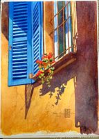 Full image of watercolor print showing window with blue shutters and red flowers in sunlight.