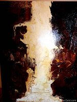 Full view of the abstract acrylic painting 'Golden Flow' characterized by fluid gold, cream, brown, and black paint layers on a gallery wrapped canvas.