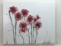 Front view of an original acrylic painting showing red flowers on white gallery wrapped canvas measuring 24x30 inches.