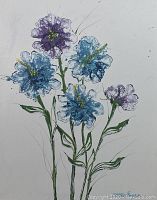 Photo of original acrylic painting depicting blue and violet flowers on white background, gallery wrapped canvas