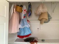 Photo of hanging costumes including Dorothy costume, princess gowns, and frilly layered skirts.