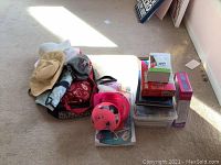 Wide view of lot contents including hats, totes, books, toys, and stacked boxed items