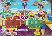 Full view of the pinball backglass showing central navigational theme and score areas with two female characters.