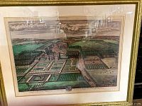 Framed colored print showing the full view of Haigh estate with manor house, gardens, and surrounding landscape.
