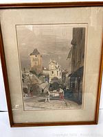 Full view of vintage framed lithograph artwork titled Tour de Remy Dieppe by T.S. Boys showing a street scene with a tower and figures.