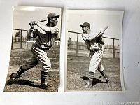 Two photos of Toronto Blue Jays baseball players in vintage uniforms, posed as if batting on a baseball field.