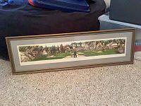 Full view of the framed panoramic art print resting on carpet showing the entire piece including frame and matting.