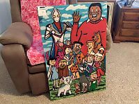 Full view of the colorful painting showing multiple cartoon characters from classic animated shows, resting against a chair indoors.