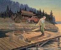 Close view of the painting scene showing fisherman, ghost and dock detail