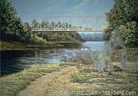 Painting showing detailed scene at Moon River with bridge, train, vintage car, and ghostly picnic figures.
