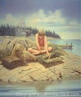 Close-up of artwork showing boy, dog and ghostly grandfather figure on rocky shoreline.