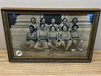 Wide shot of the framed female baseball team photo showing all ten players sitting and standing on stone stairs.
