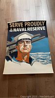 Full view of WWII Naval Reserve poster showing sailor and navy gun turret with text 'SERVE PROUDLY IN THE NAVAL RESERVE'