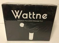 Front view of the sealed box for Wattne handheld percussion massage gun, showing logo and product image.