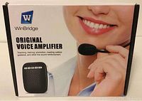 Packaging box showing WinBridge original voice amplifier branding and usage scenarios for teaching, training, promotion, meetings, and outdoor guidance.