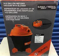 Photo of sealed or boxed Kubota 14.5 gallon wet/dry vacuum with blower, showing product image and specifications on box.