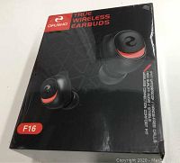 Front view of sealed OFUSHO True Wireless Earbuds F16 box showing earbuds image and product branding.