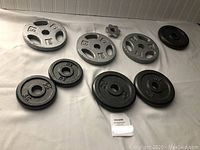 All weight plates and collar spread on white cloth, showing different sizes and finishes including silver-gray and black cast iron plates.