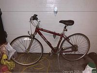 Side view of entire red metallic bicycle with Eddie Bauer branding on frame, showing tires, saddle, and handlebars