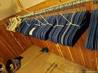 Rows of dark blue velour lined hangers along with a few other plastic hangers on a closet rod in a wood-paneled room.