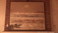 Full view of the signed oil painting depicting a seascape with sailboats, waves, and rocks in muted colors on canvas.