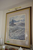 Full view of the framed signed numbered print by G Geley with picture light above.