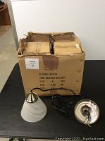 Four hanging light fixtures shown alone next to one original shipping box that is worn and damaged.