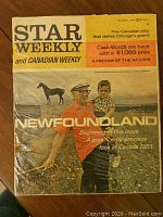 Cover of 1963 Newfoundland issue showing a man holding a child photographed outdoors with landscape in background, showing wear and aging on the cover.