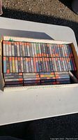 Overview of multiple audio cassette tapes laid out in a box, visible dirt and wear