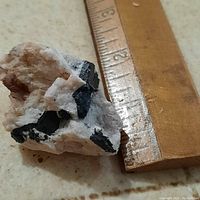 Photo of a mineral specimen showing black tourmaline crystals embedded in a white matrix next to a ruler for scale.