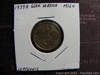Obverse side of 1939A German 3rd Reich 10 Pfennig coin showing Reichsadler with swastika and inscription.