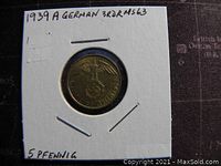 Obverse side of the 1939A Germany 3rd Reich 5 Pfennig coin showing the German Eagle and date.