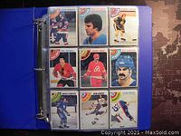 Photo showing 9 hockey trading cards in a plastic sleeve, players from various NHL teams including New York Islanders, Philadelphia Flyers, Boston Bruins, Chicago Blackhawks, Atlanta Flames, Pittsburgh Penguins, Vancouver Canucks, Quebec Nordiques, New York Rangers