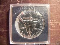 Reverse side of 1982 Canadian silver one dollar coin depicting bison skull, building, dates and inscriptions.