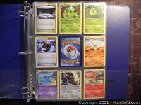 First photo shows 9 Pokemon cards in plastic sleeve within a blue 3-ring binder. Cards include Surskit, Trapinch, Meditite, Medicham, Woobat, and Pikachu.