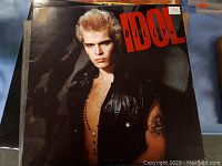 Photo of the Billy Idol vinyl record cover showing the artist in a leather jacket with tattoos and the title in red.