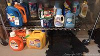 One shelf with 14+ assorted household cleaning products including liquid detergents, bleach, rinse aid, and stain remover from multiple brands.