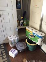 Photo shows cleaning supplies including Bounty and 365 paper towel packs, small package of toilet paper, green buckets, and shelf with multiple cleaning sprays.