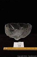 Clear Hoya Crystal bowl with iceberg pattern, showing rough textured surface and organic form, measuring 8 inches wide and 4 inches tall.