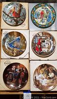 Six Bradford Exchange Knowles China collector plates, each with detailed artwork including birds and story characters, shown with boxes.