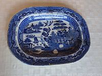 Top view of blue and white Blue Willow platter showing the full pattern and overall condition.