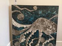Front view of full square canvas showing octopus body and tentacles against textured blue-green background