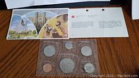 1983 uncirculated Canadian coin set displayed in original plastic packaging alongside Royal Canadian Mint informational pamphlet.