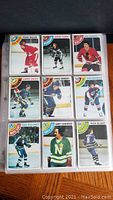 Front view of vintage 1978-79 Topps hockey cards featuring players Perry Miller, Gene Carr, Phil Russell, Larry Patey, Craig Ramsay, Don Murdoch, Dan Maloney, Gary Edwards, Rick Blight in protective sleeves.