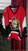 Full front view of red Ottawa Senators jersey showing large team logo and autograph on chest area.